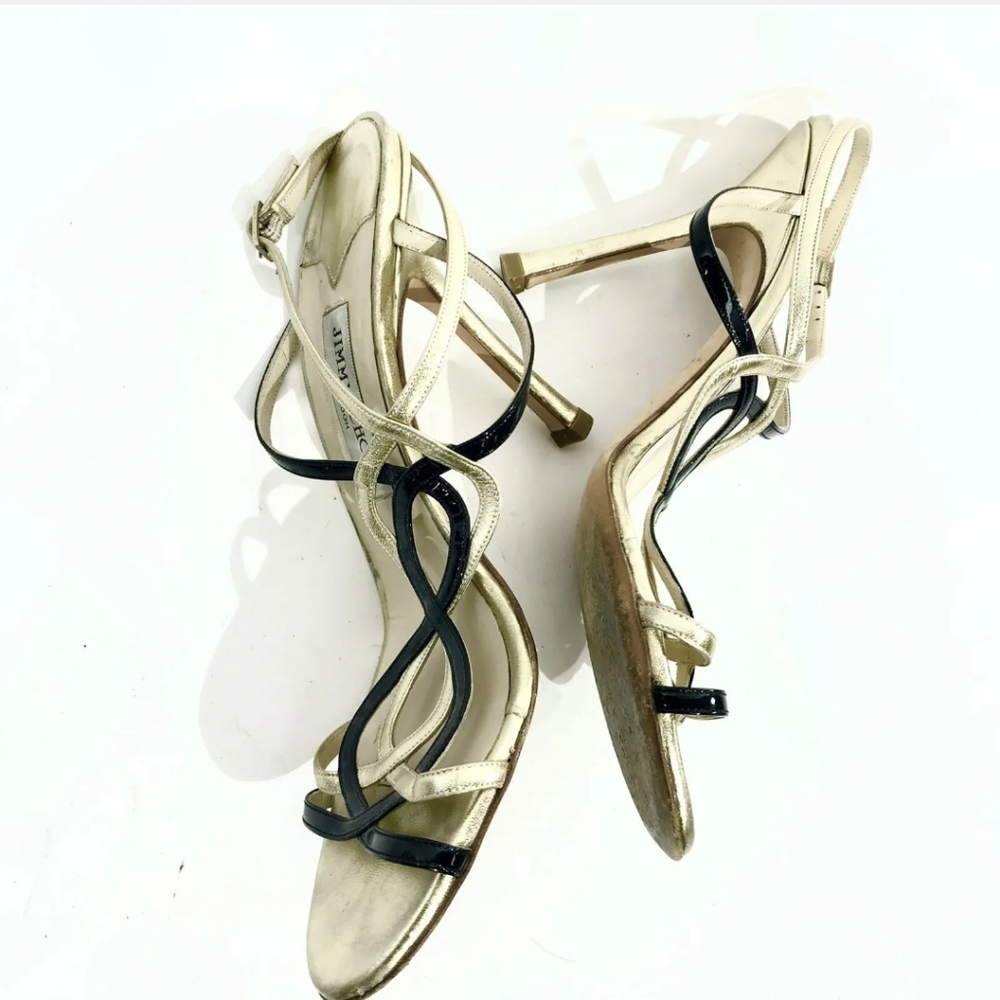 SOLD SOLD SOLD Jimmy Choo Metallic Gold Black Heels Sandals Size 40 9 - Picture 3 of 9